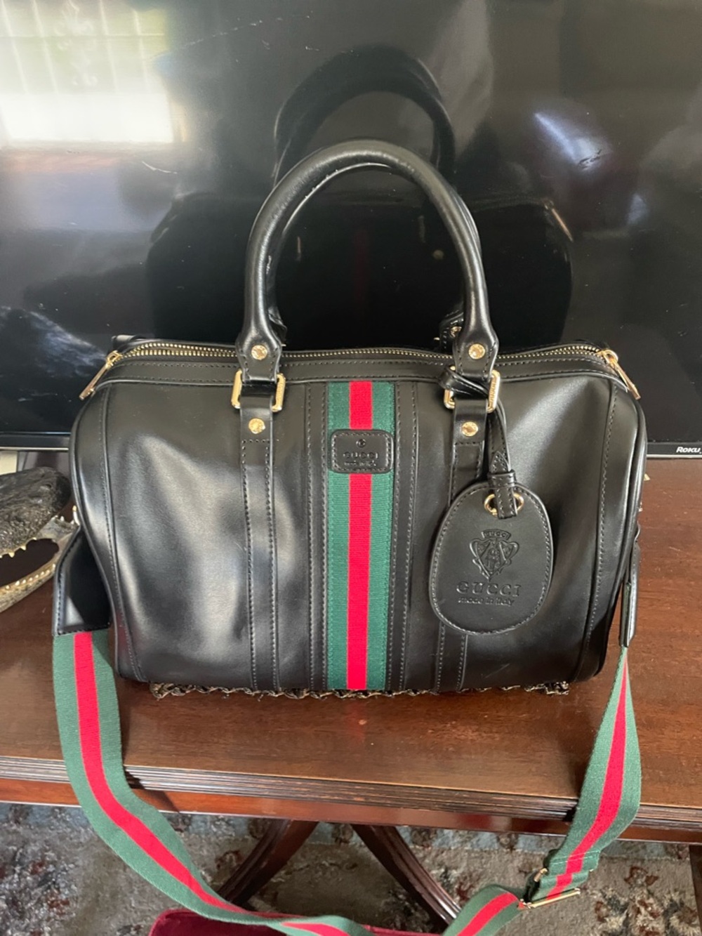 Gucci Vintage Web Boston Bag with Green & Red Stripe - Picture 2 of 7